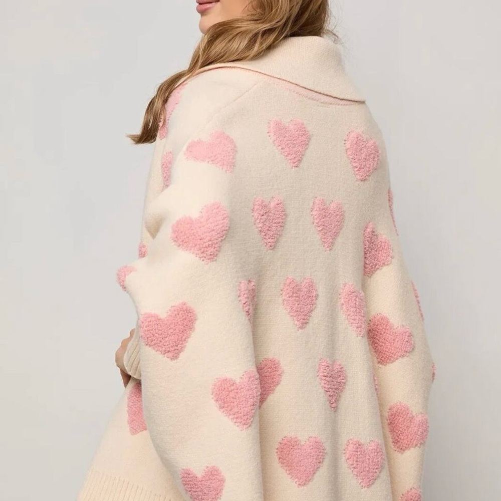 Cream Knit Poncho with Pink Heart Motif